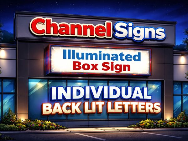 Brightly lit storefront sign advertising illuminated box signs and back lit letters.