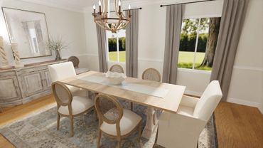 Bright dining room with wooden table and cushioned chairs.
