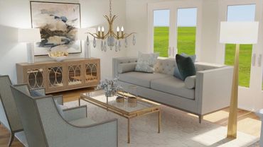 Modern living room with beige sofa, elegant chairs, and gold-accented coffee table.