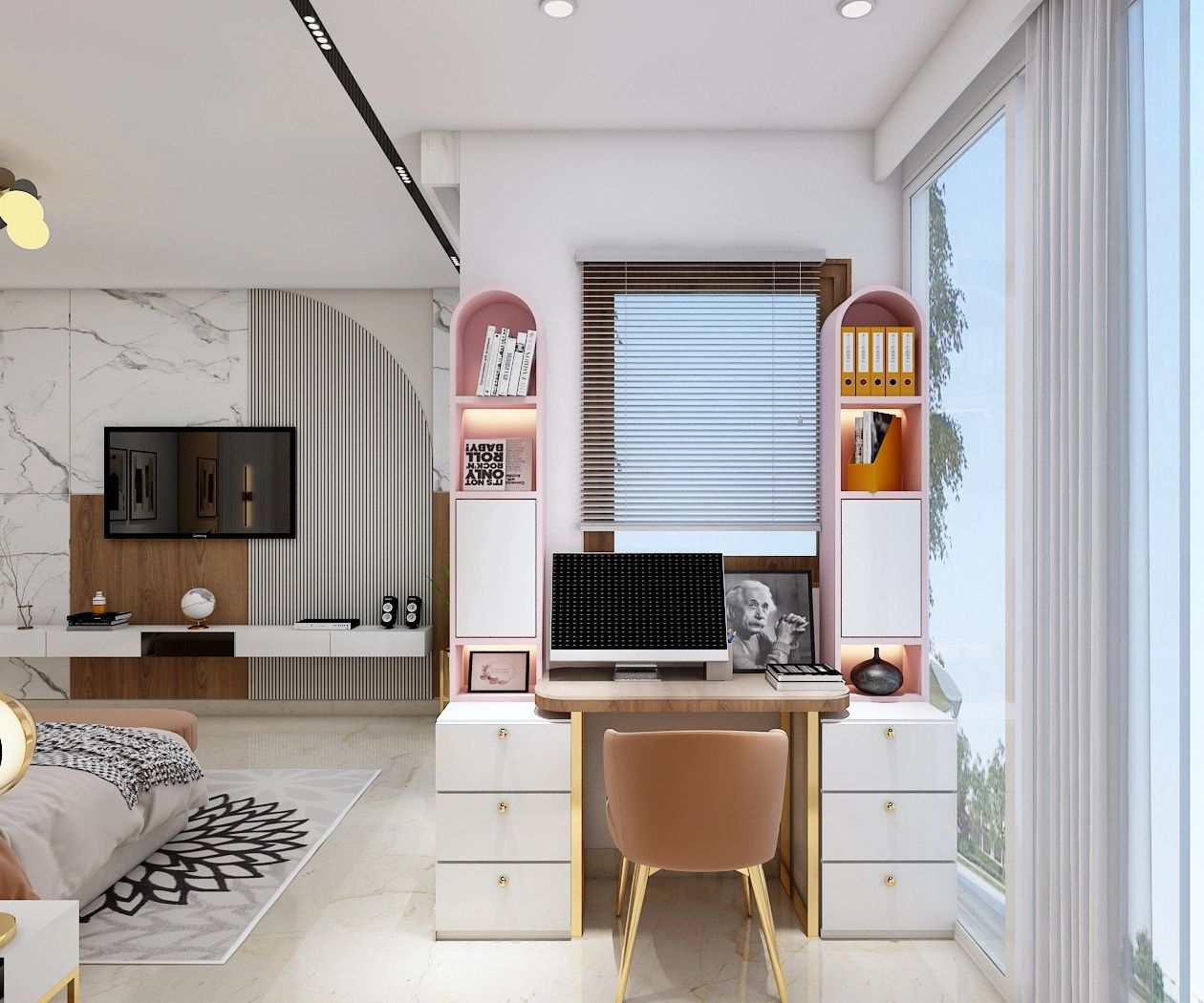Modern bedroom workspace with peach chair and a computer on a wooden desk.