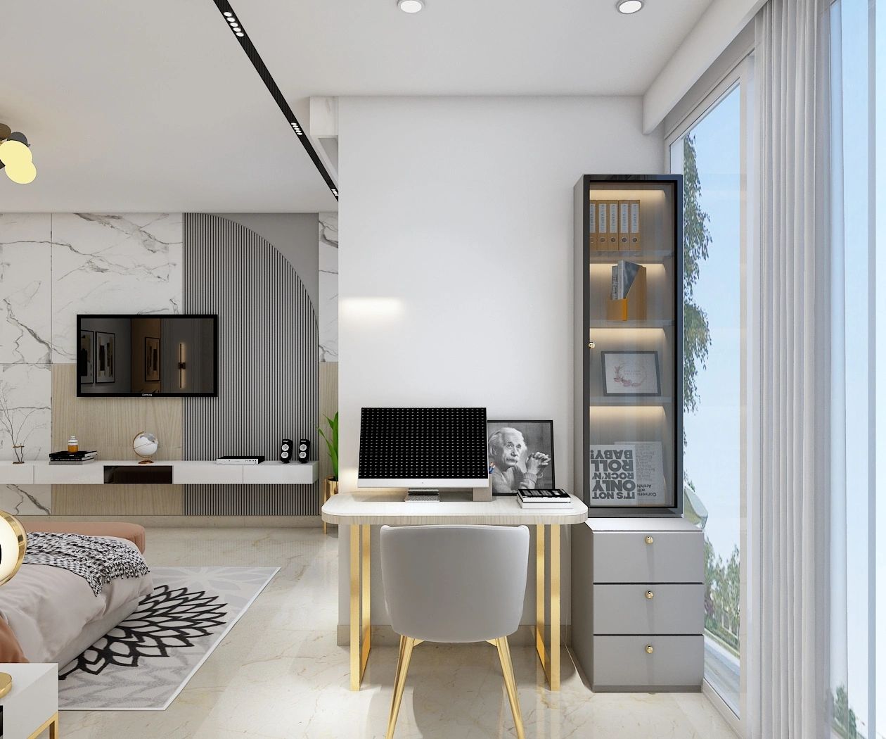 Modern workspace with gold accents and a large window letting in natural light.