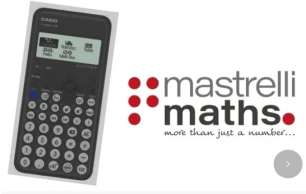 Scientific calculator with Mastrelli Maths logo and slogan.