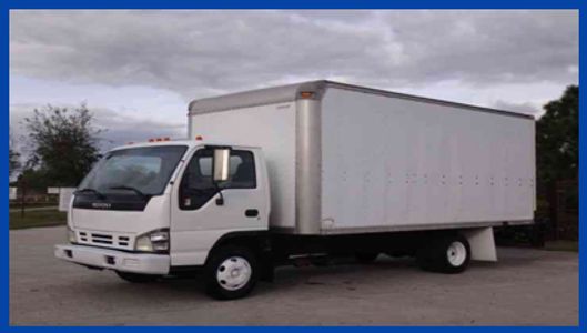 White box truck parked outdoors under a cloudy sky.