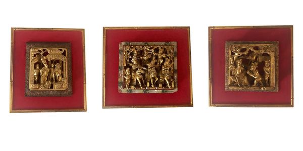 Antique Late 18th Century Chinese Gilt Carved Mounted Fragments - Set of 3