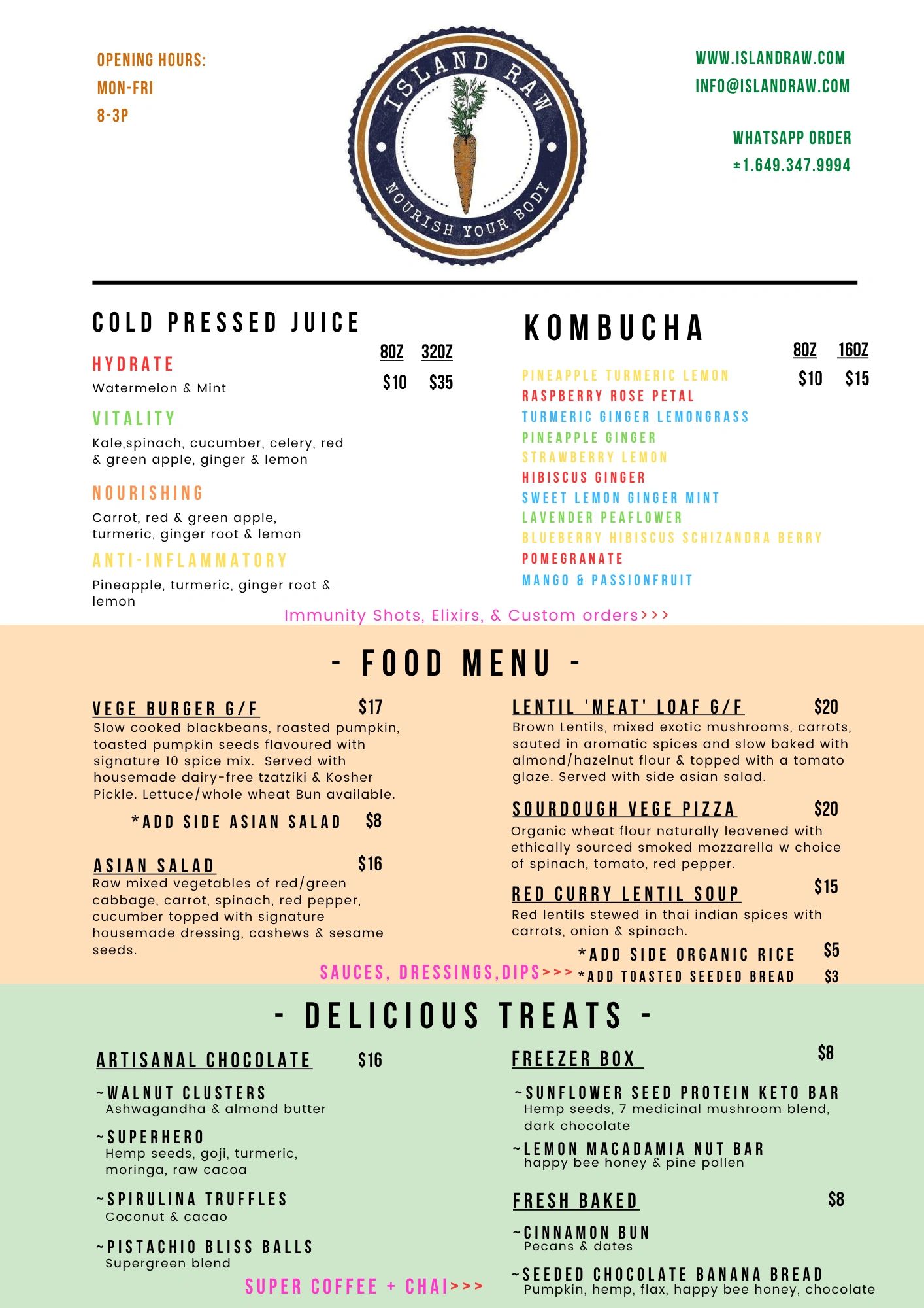 Menu for cold pressed juice, kombucha, food, and treats with vegan and gluten-free options.