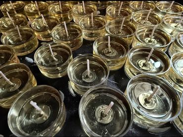 Freshly made soy tealight candles, still in liquid state.