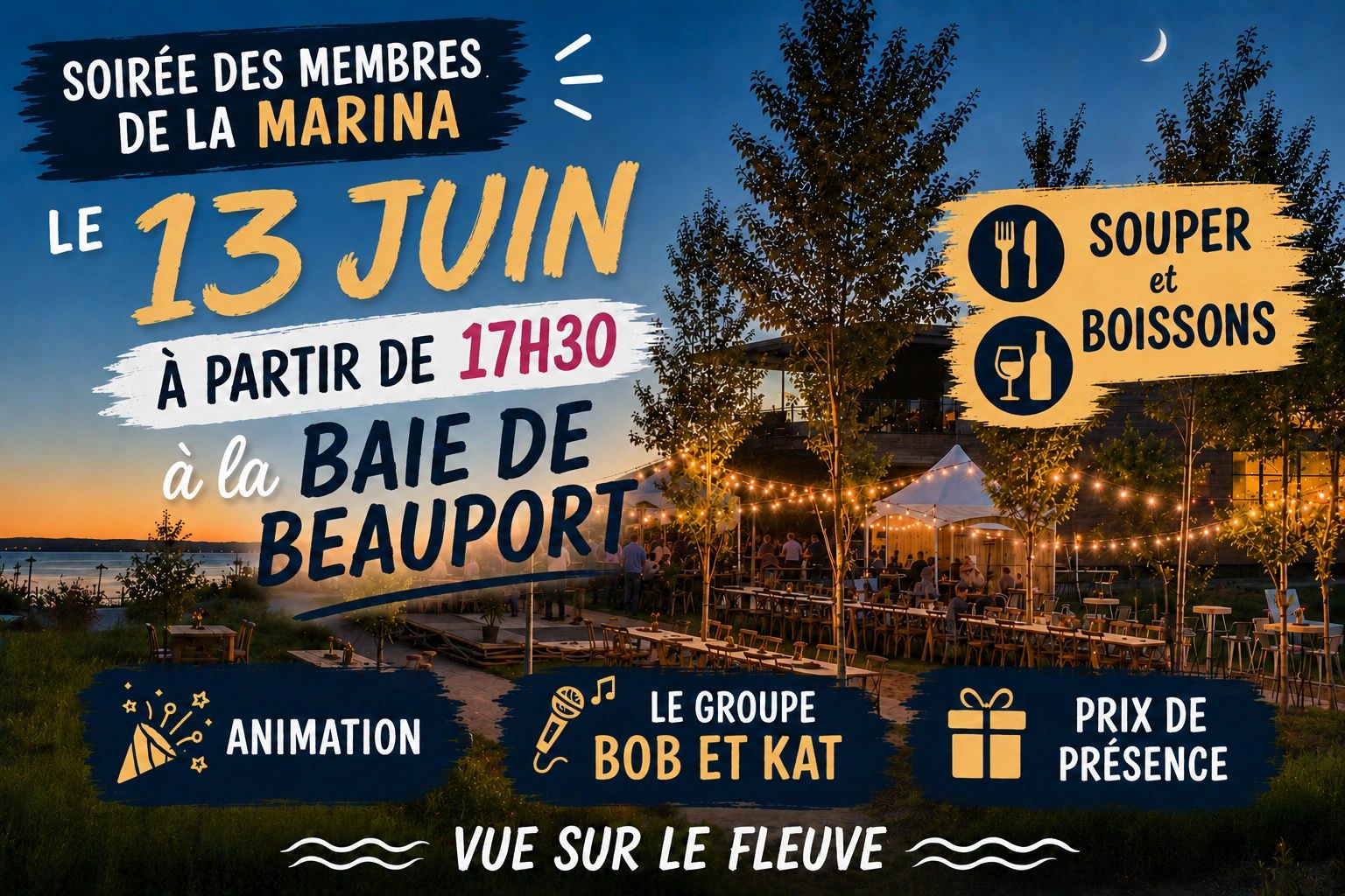 Soirée à la Baie de Beauport le 13 juin avec souper, boissons, animation, et musique du groupe Bob et Kat.
