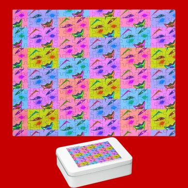 red background with andy warhol campbell soup pop art face jigsaw puzzle