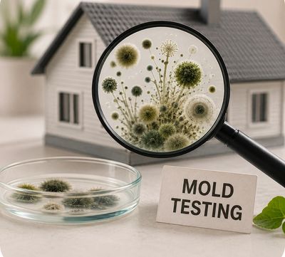 Magnified mold spores with a house model and mold testing sign.