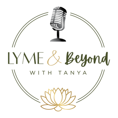 Logo for Lyme & Beyond with Tanya podcast featuring a vintage microphone and lotus flower.