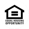 Black and white Equal Housing Opportunity logo with a house and equal sign.