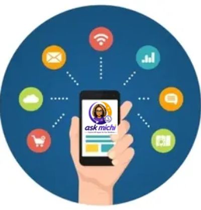 Hand holding smartphone with various digital icons around it.
