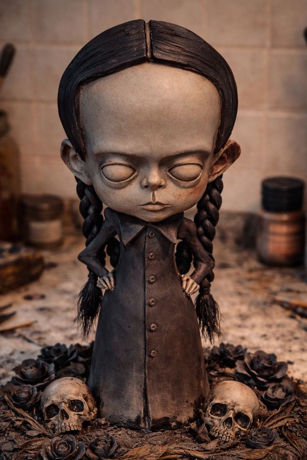 Dark gothic figurine with braided hair and skulls at its base.