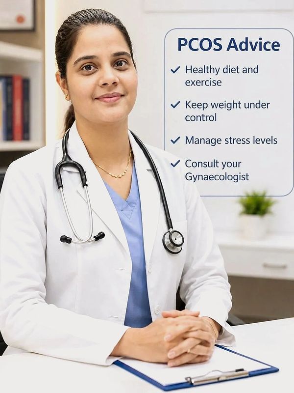 Female doctor with PCOS advice checklist.
