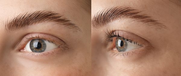 Close-up of an eye before and after applying mascara.