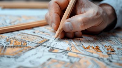 Close-up of hand sketching architectural plans with a pencil.