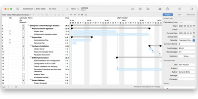 Gantt chart showing project tasks with timelines and dependencies for October 2021.