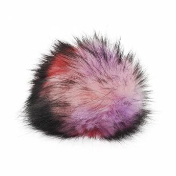 A colorful fluffy pom-pom with shades of pink, purple, red, and black.