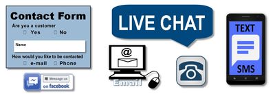 Contact us by: Web Contact Form | email | Live Chat | Facebook | Phone | Fax | text | SMS