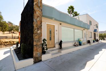 Exterior of a building with decorative animal statues and potted plants along a concrete walkway.