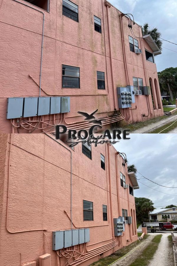 Commercial exterior cleaning with pressure washing and soft washing.
