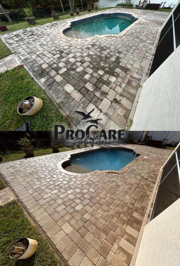 Before and after cleaning of a backyard pool patio with pavers.