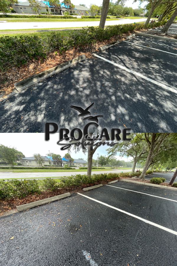 Commercial concrete cleaning in Palm Coast, removing oil stains, dirt, algae, and traffic buildup.
