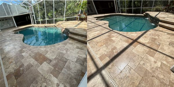 Travertine sealing in Palm Coast Plantation, protecting patios, lanais, and pool decks.