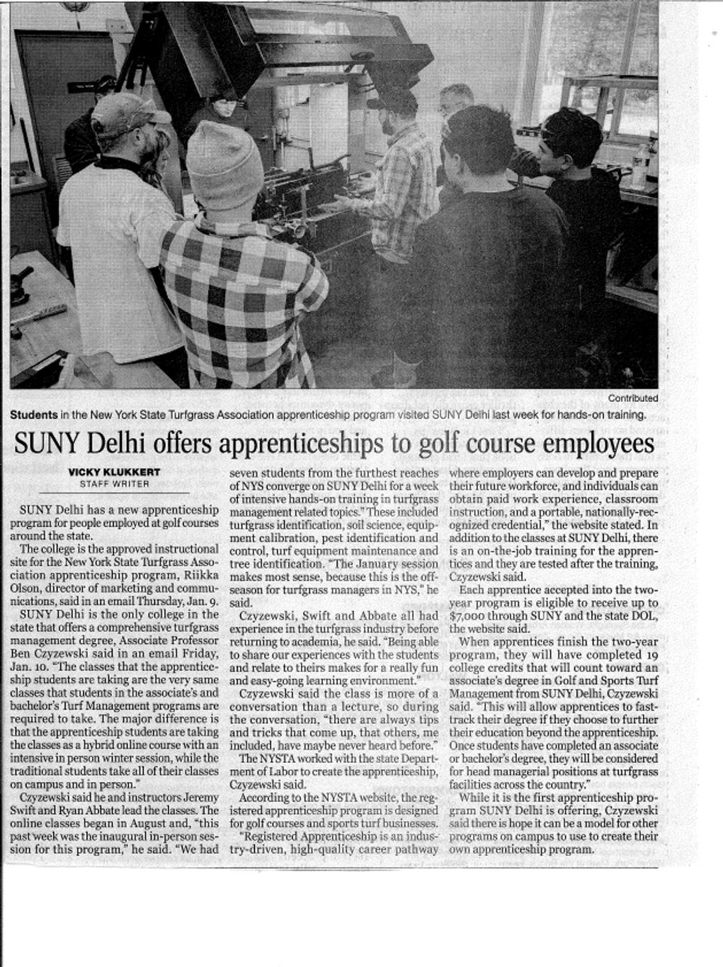 SUNY Delhi offers turfgrass apprenticeship program for golf course employees.