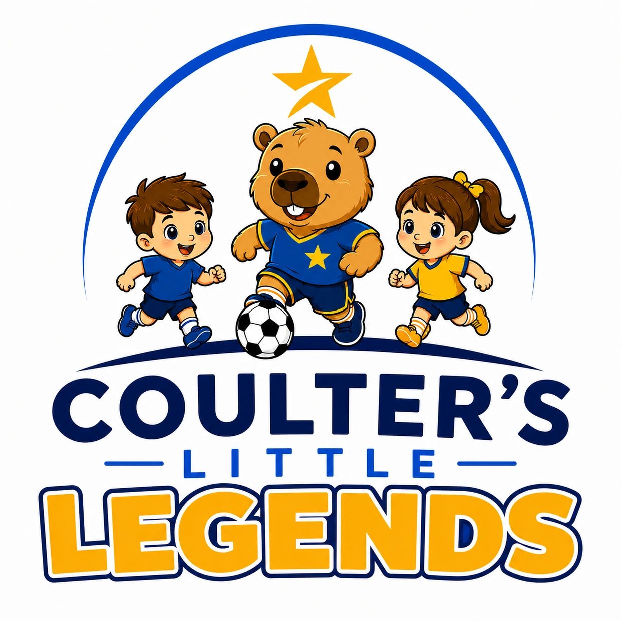 Logo of Coulter's Little Legends with kids and a bear playing soccer.
