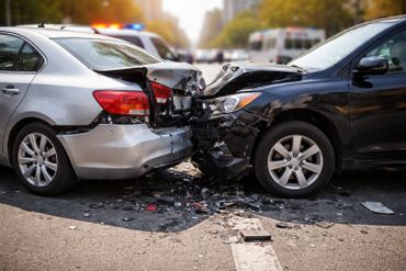 Two cars collided head-on, causing significant front and rear damage with debris scattered on the road.
