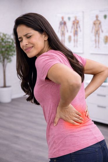 Woman in pink shirt experiencing lower back pain, holding her back with a grimace.