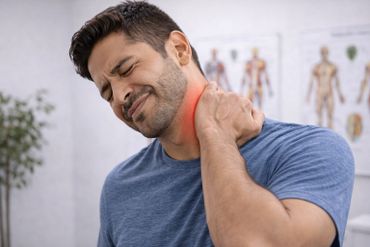 Man experiencing neck pain, holding his neck with discomfort.