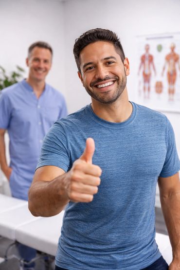 Smiling man giving a thumbs up in a medical office with a doctor in the background.