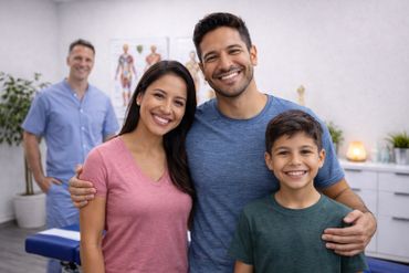 Happy family with a male doctor in the background at a medical clinic.