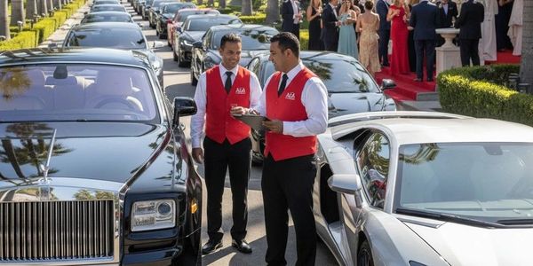 Valet attendants managing luxury cars at a high-end event.
