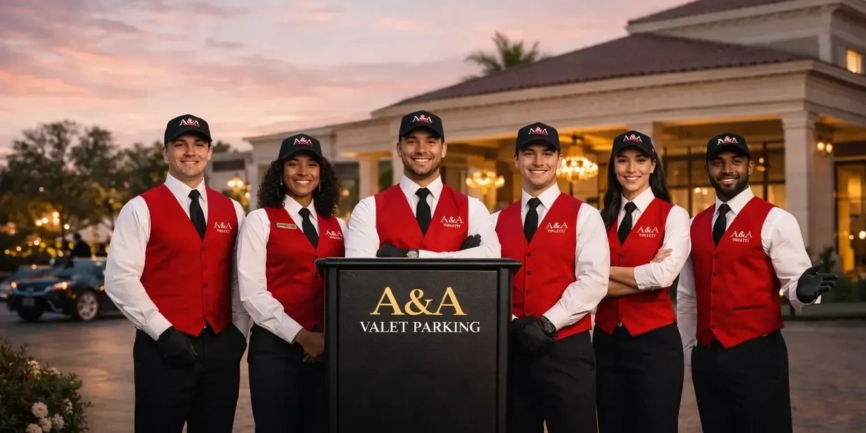 Valet parking team in red vests and black caps posing at sunset.