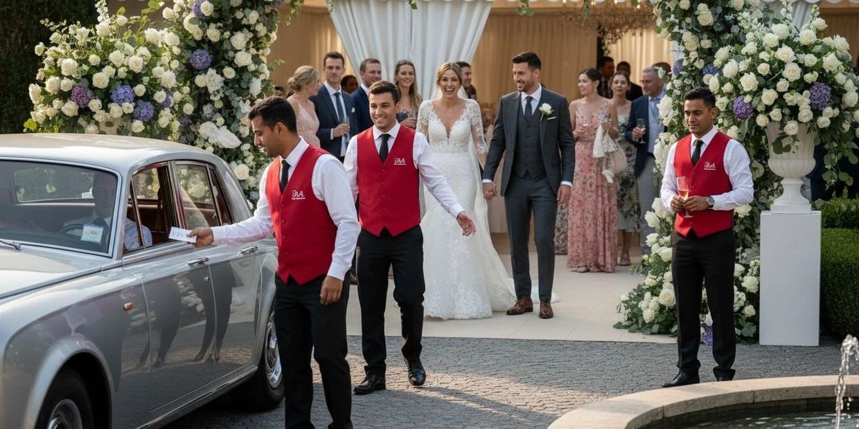 Newlyweds and guests celebrate under floral arch as attendants greet arriving cars.