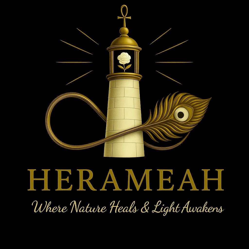 Golden lighthouse with a white rose and a peacock feather, symbolizing healing and awakening.