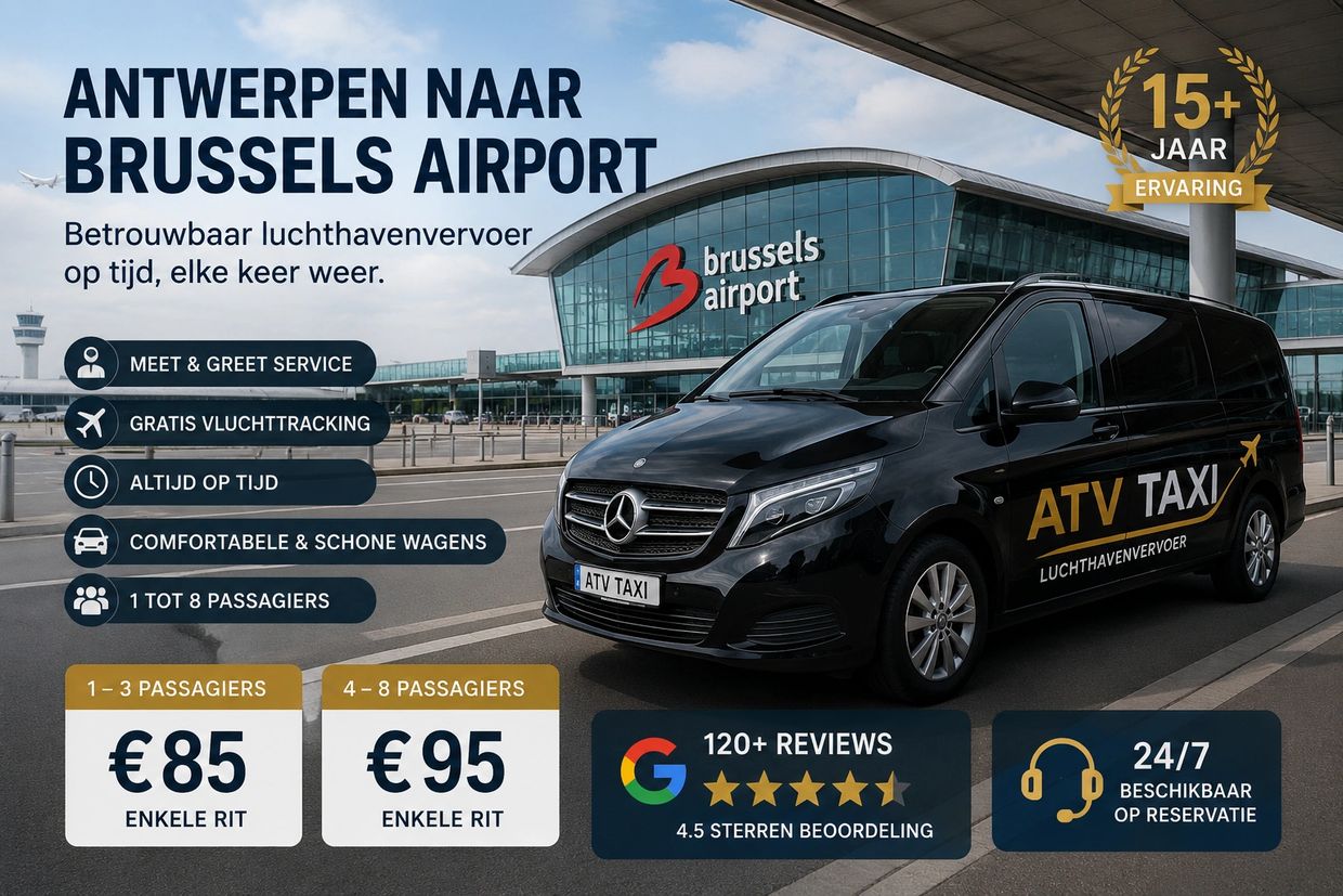 Taxi service offering reliable airport transfers from Antwerp to Brussels with comfortable vehicles and 24/7 availability.