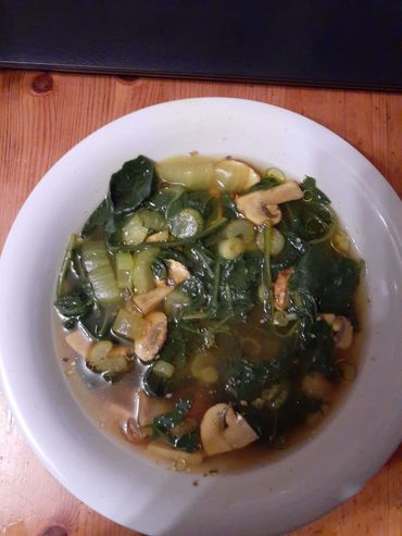 Soup, Anti-aging, Miso, with bok choy, mushrooms, pinch of ginger and 1/2 cup of onion