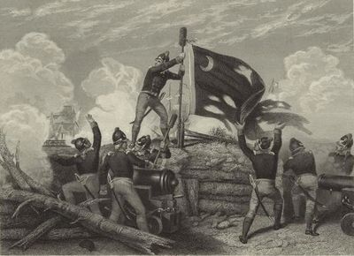 Soldiers raising a crescent moon and star flag during a historic battle.