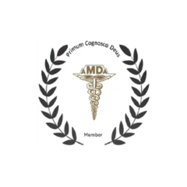 Logo with medical symbol and laurel wreath.