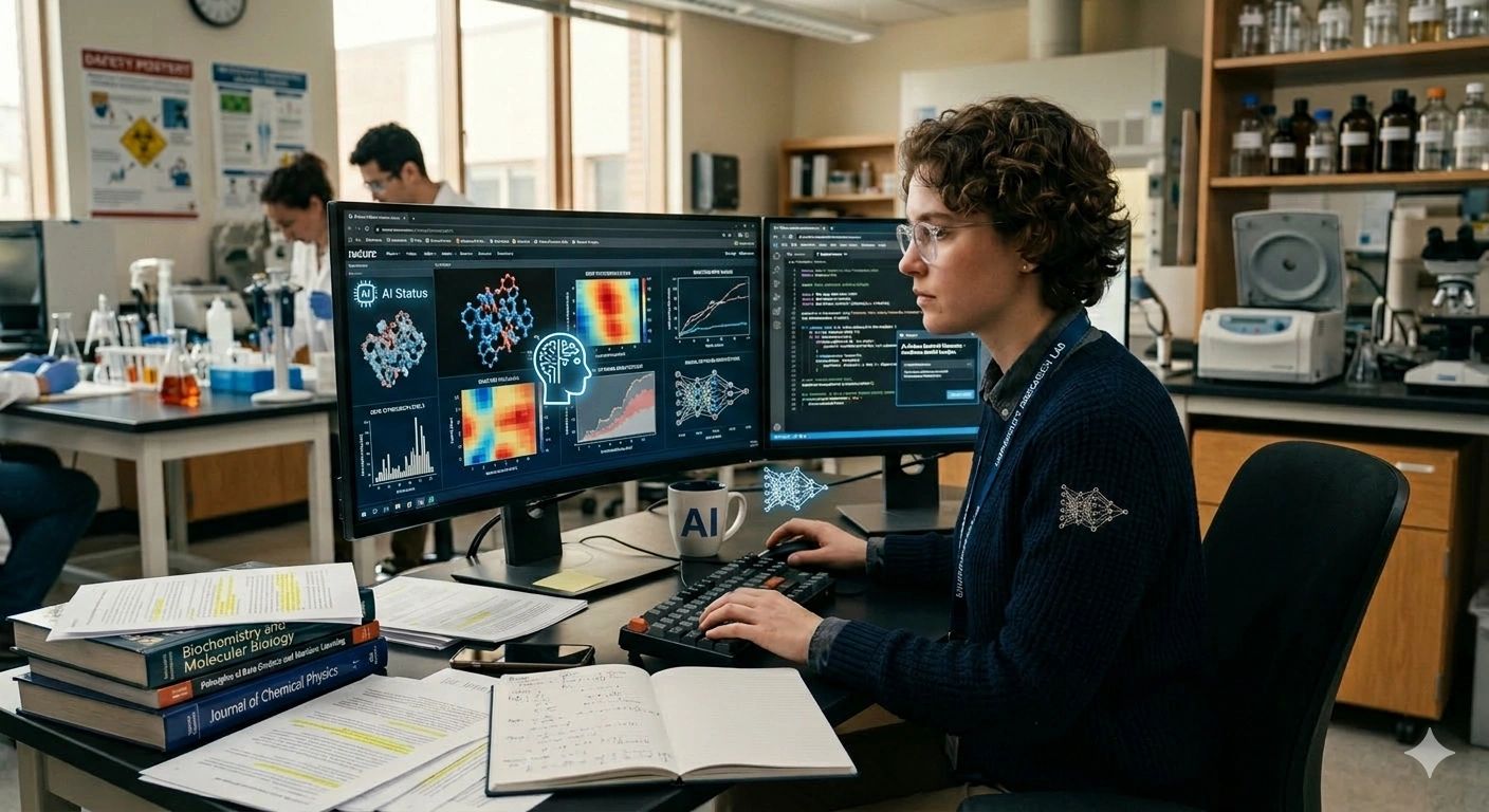 Scientist analyzing AI and molecular data on dual monitors in a research lab.