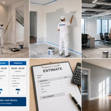 Painter in coveralls painting a commercial wall alongside a project estimate