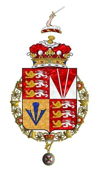 A detailed heraldic coat of arms with lions, a crown, and a hand holding a sword.