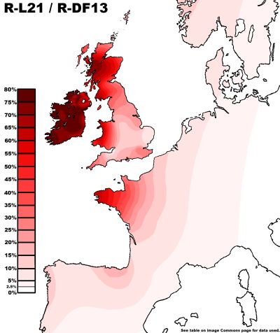 Map showing distribution of R-L21/R-DF13 haplogroup in Western Europe.