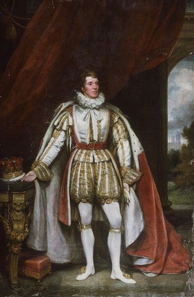 A regal figure dressed in ornate royal attire stands beside a crown.