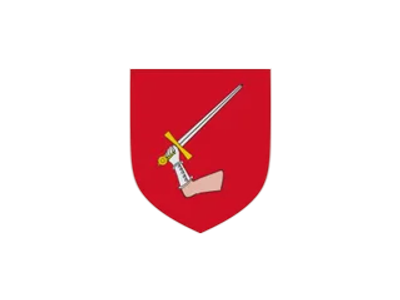 Coat of arms with an arm holding a sword on a red shield.