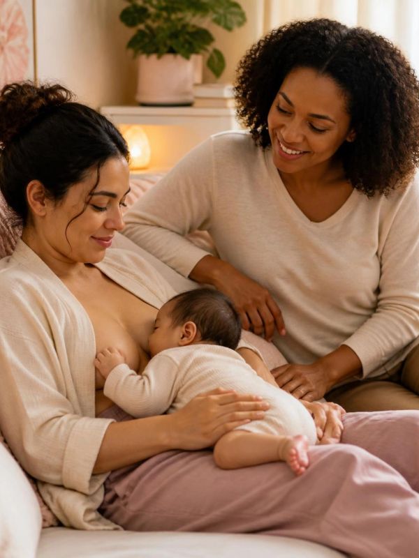 A mother breastfeeding her baby with a supportive partner beside her.